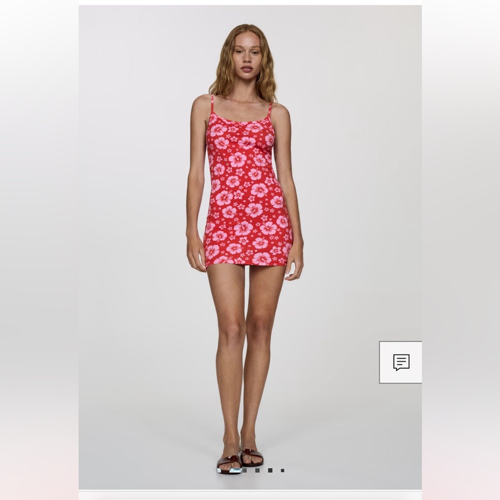Mango Red Pink Floral Spaghetti-Strap Dress